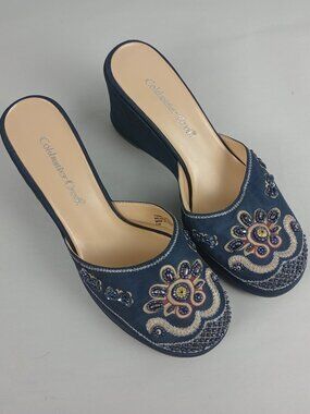 Coldwater Creek Womens 7.5 Navy Blue Wedge Beaded Metallic Thread Slip On Shoes